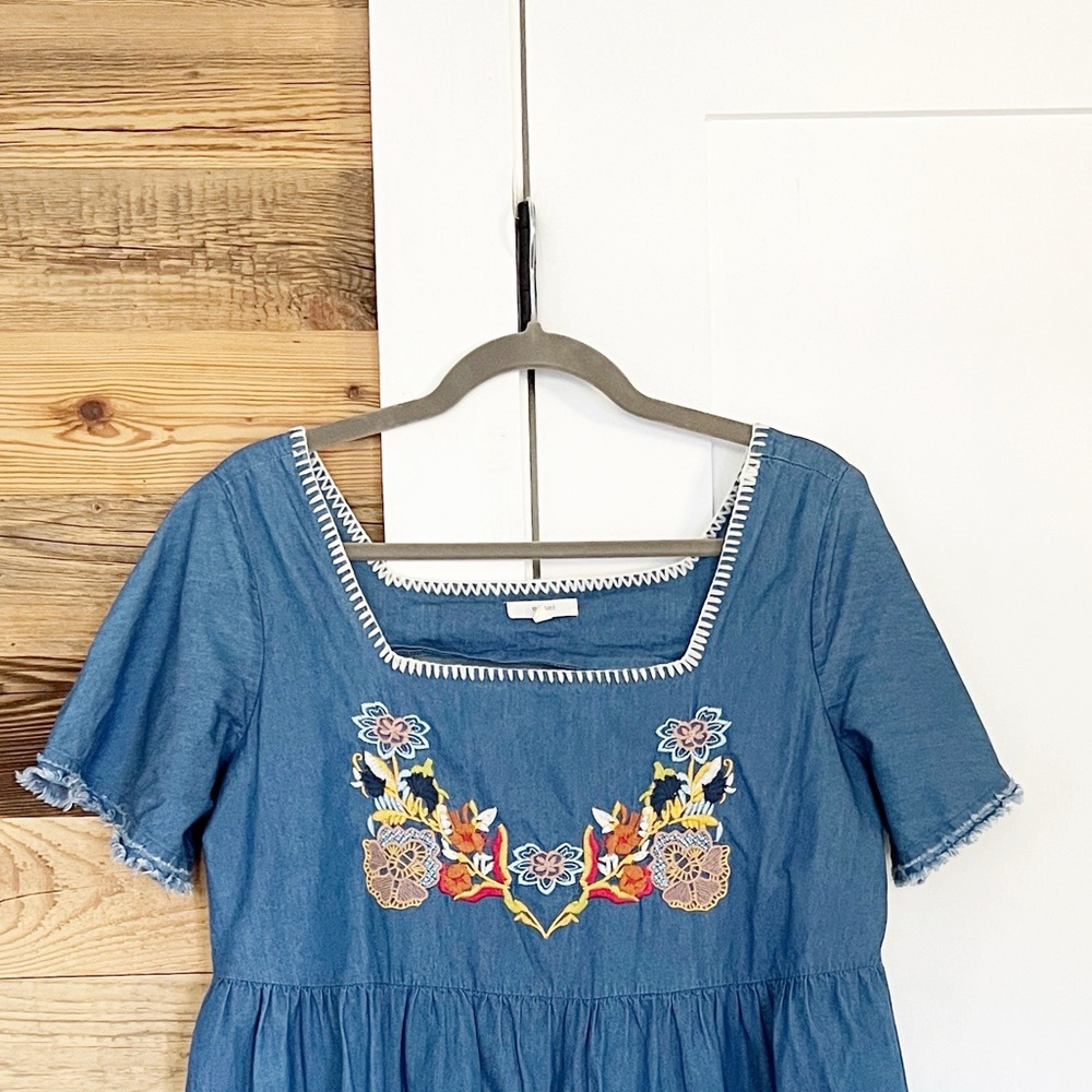 Easel Embroidered Tiered Chambray Babydoll Dress - Picture 4 of 4